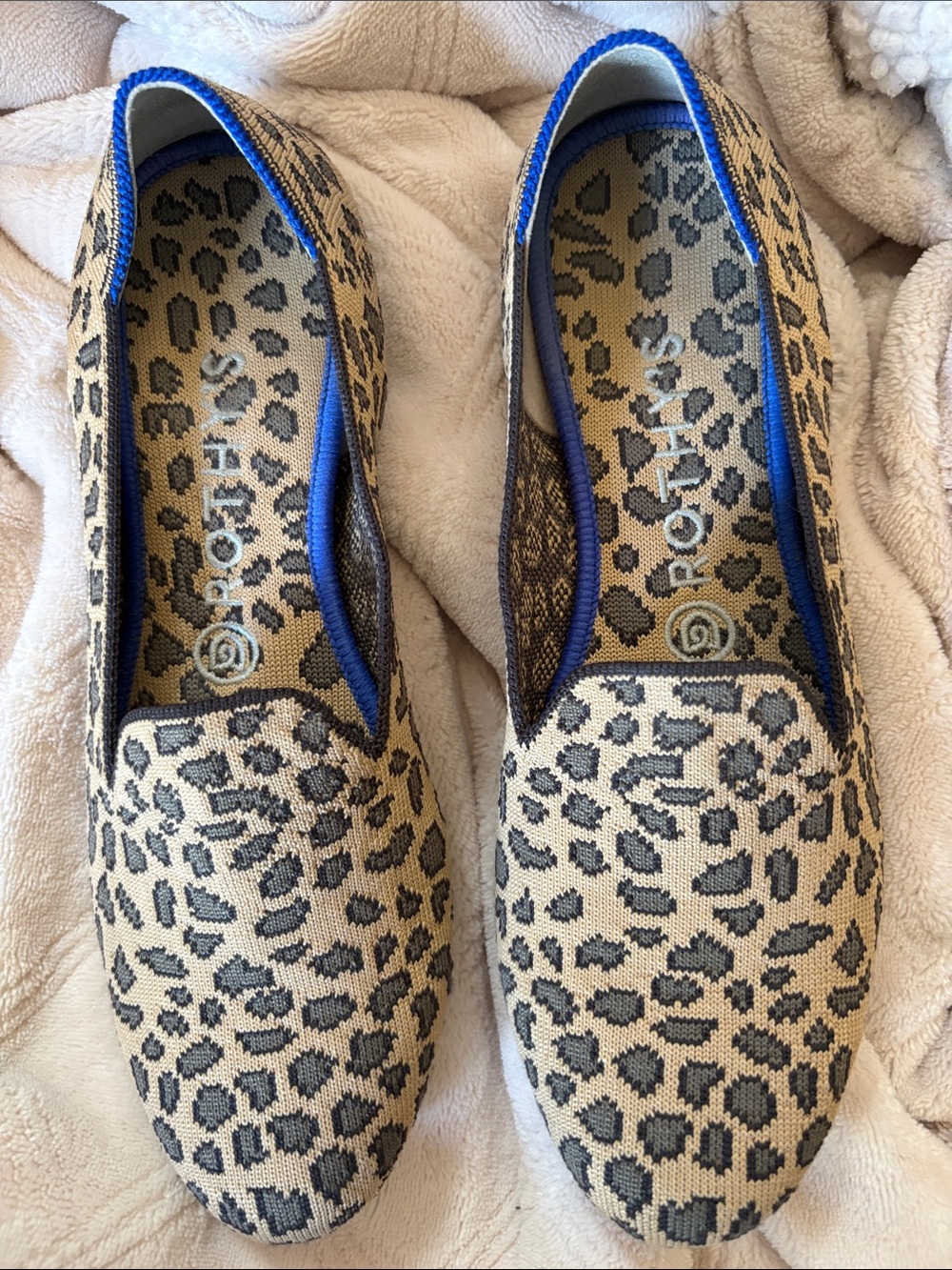 Rothy's Leopard-Print Slip-On Flats in Beige with Blue Trim
